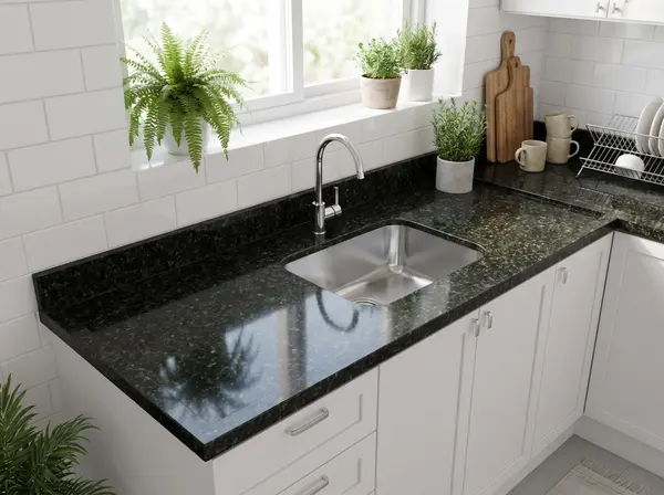 Cozinha com pia de granito verde Ubatuba