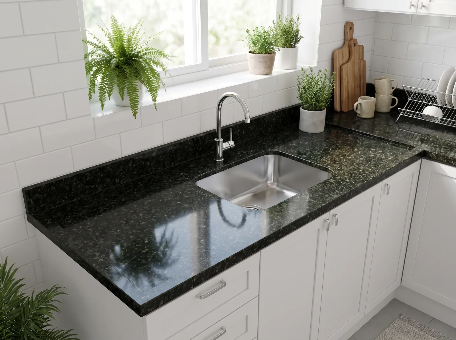 Cozinha com pia de granito verde Ubatuba